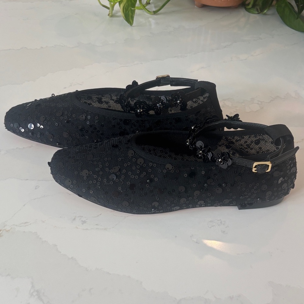 J. Crew Quinn Black Sequin And Mesh Ballet Flats w/Removable Ankle Strap Sz 7.5 - Picture 7 of 12